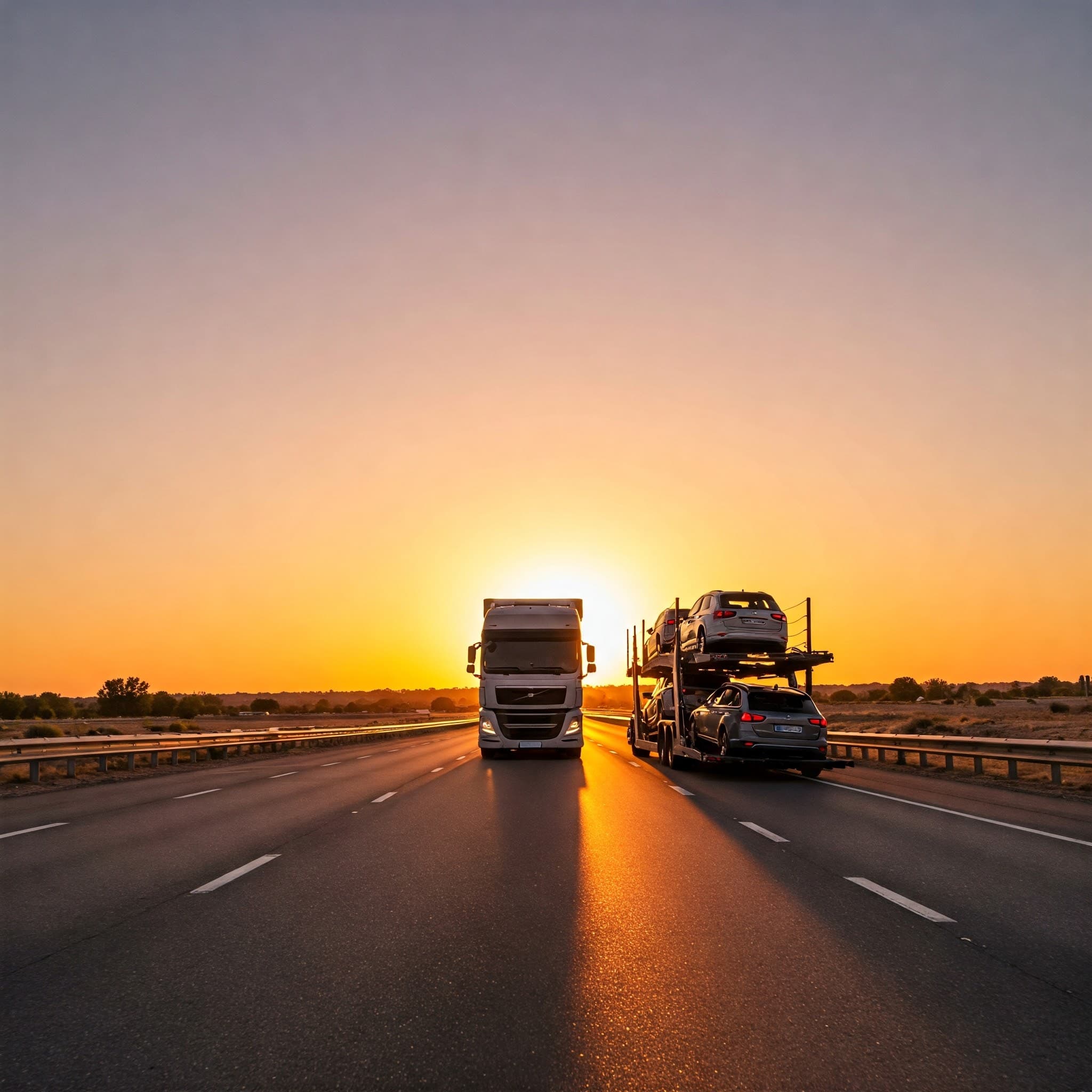Car carrier truck transporting vehicles on a highway at sunset